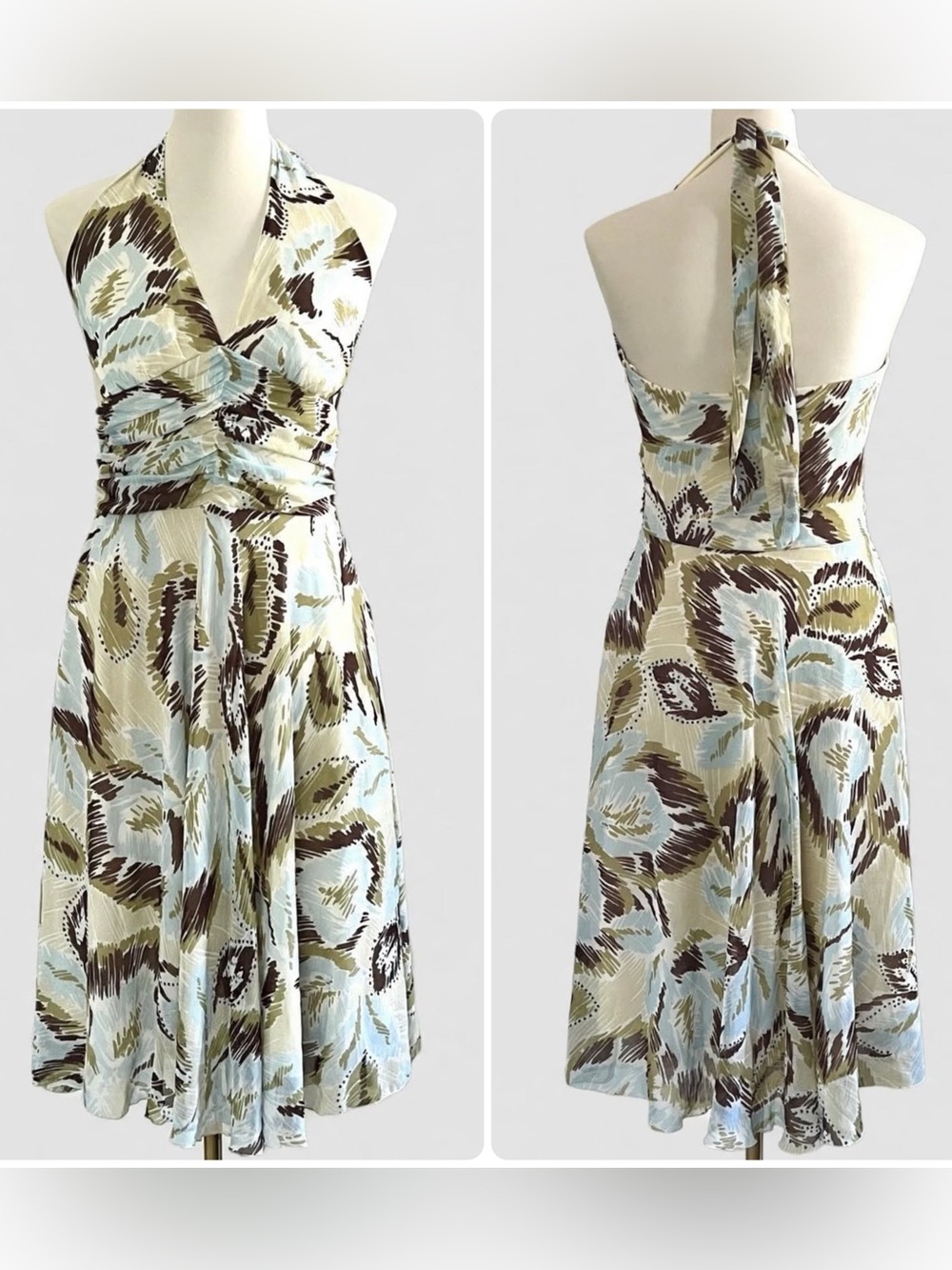 Vintage A.P.N.Y Blue Beige Printed Gathered Detail Halter Midi Dress sz 10 Y2K